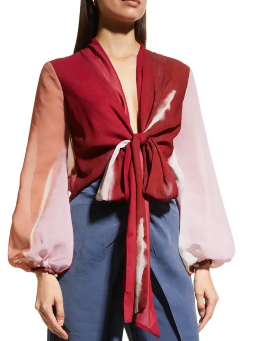 Silvia Tcherassi Burgundy Tie-Front Blouse with Pink Ombre Sleeves
